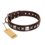 'Perfect Impression' FDT Artisan Doberman Brown Leather Dog Collar with Silvery Square Studs - 1 1/2 inch (40 mm) Wide