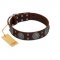 "Hypnotic Stones" FDT Artisan Brown Leather Doberman Collar with Chrome Plated Brooches and Square Studs