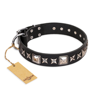 'Space Walk' FDT Artisan Black Leather Doberman Collar with Adornments for Daily Walking