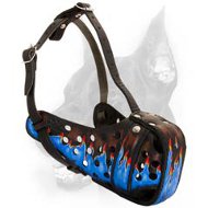 Gorgeous Heavy Duty Leather Dog Muzzle With Blue Flames Painting