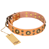 'Sophisticated Glamor' FDT Artisan Doberman Tan Leather Dog Collar with Beautiful Old-Bronze Plated Decorations