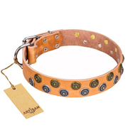 "Precious Sparkle" FDT Artisan Tan Leather Doberman Collar with Gold and Silver-like Studs
