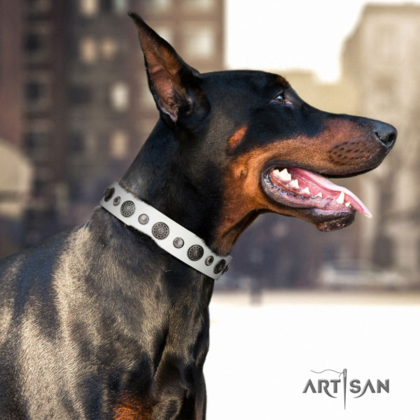 Doberman stylish full grain leather collar with adornments for your four-legged friend