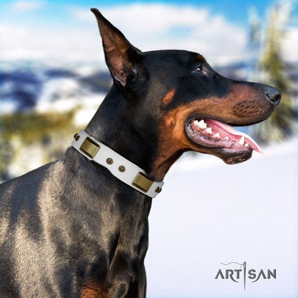 Doberman perfect fit full grain genuine leather collar with decorations for your doggie
