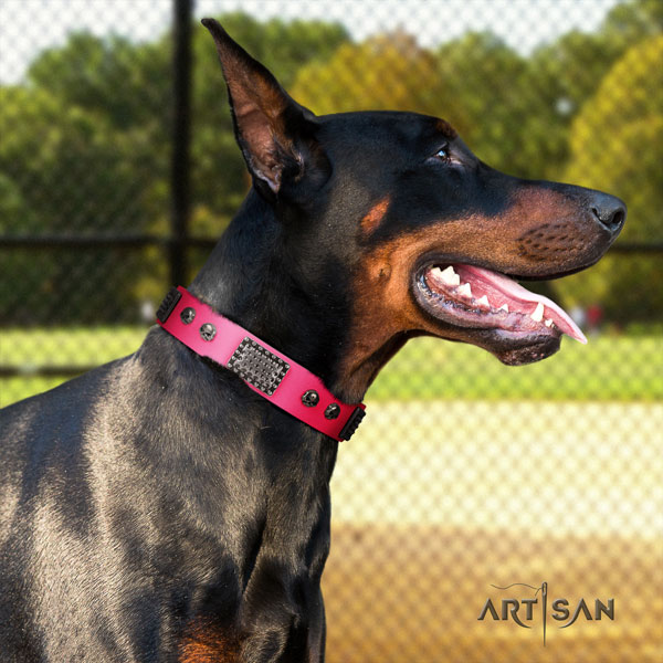 Doberman amazing natural genuine leather collar with decorations for your four-legged friend