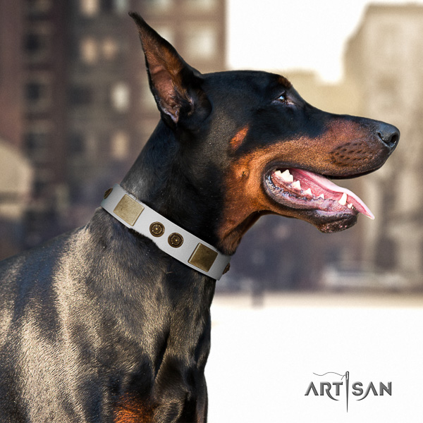 Doberman easy wearing leather dog collar with adornments