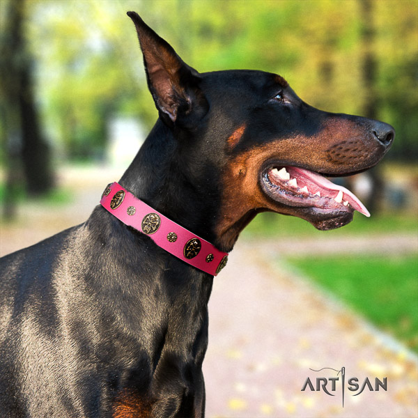Doberman everyday walking leather dog collar with studs
