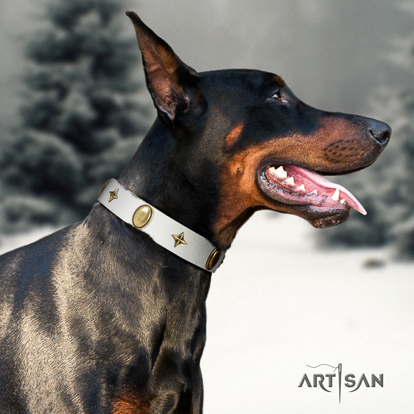 Doberman stylish walking full grain genuine leather dog collar with decorations