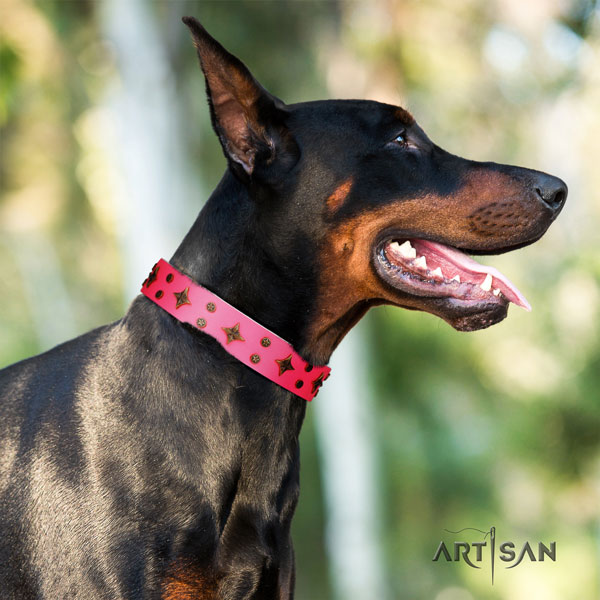 Doberman easy wearing natural genuine leather collar with studs for your dog