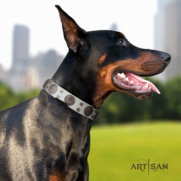 Doberman genuine leather dog collar with adornments for your attractive canine