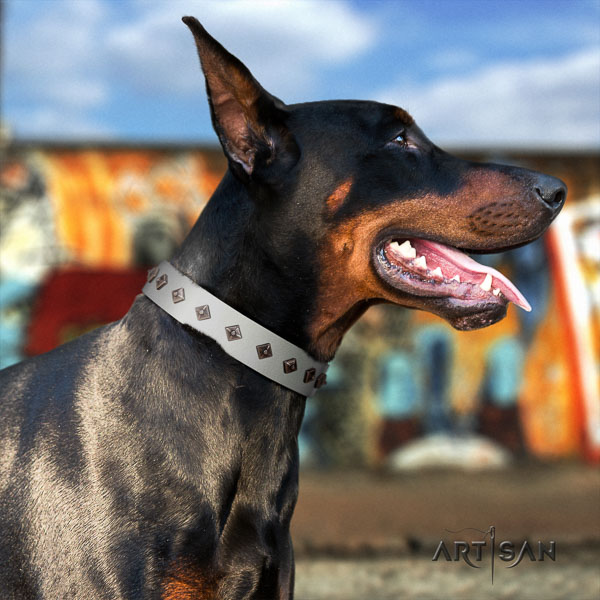 Doberman natural genuine leather dog collar with adornments for your attractive four-legged friend