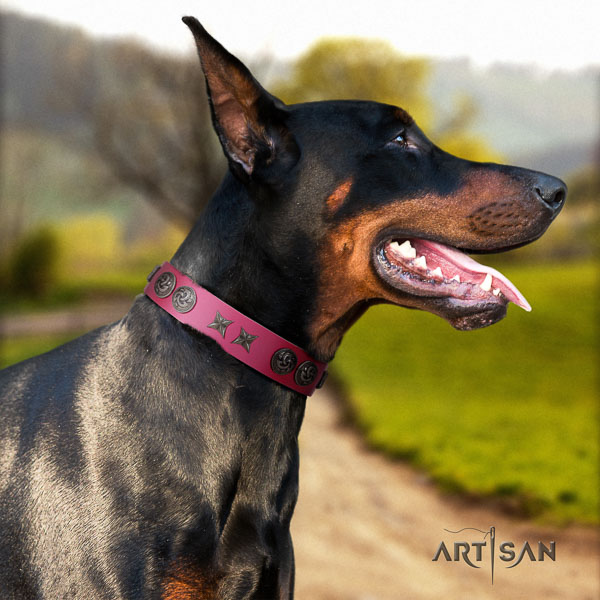 Doberman natural genuine leather dog collar with adornments for your lovely doggie