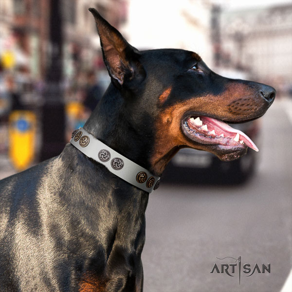 Doberman genuine leather dog collar with embellishments for your attractive four-legged friend