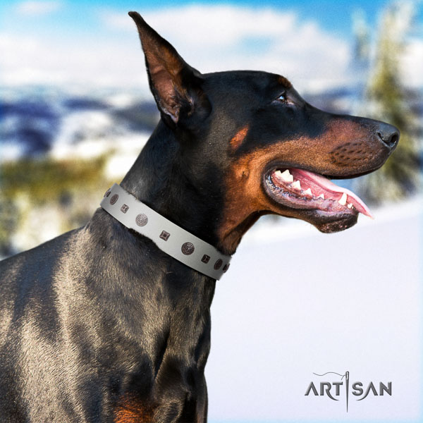 Doberman natural genuine leather dog collar with embellishments for your impressive pet