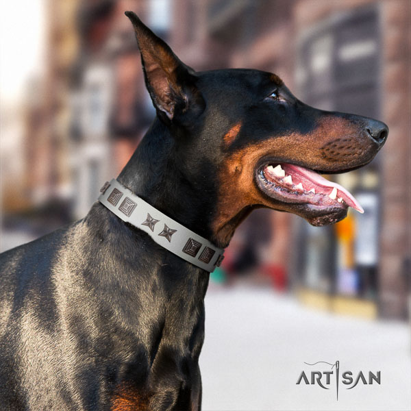 Doberman full grain genuine leather dog collar with decorations for your lovely pet