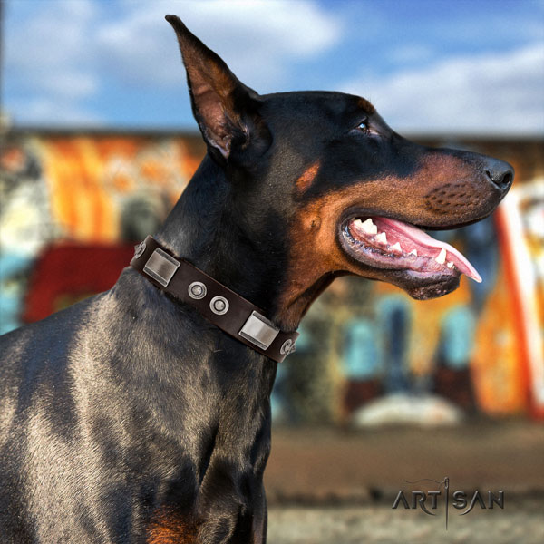 Doberman easy adjustable full grain leather collar with embellishments for your dog