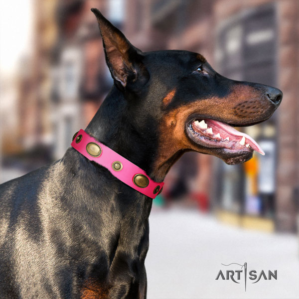 Doberman significant natural genuine leather collar with decorations for your pet
