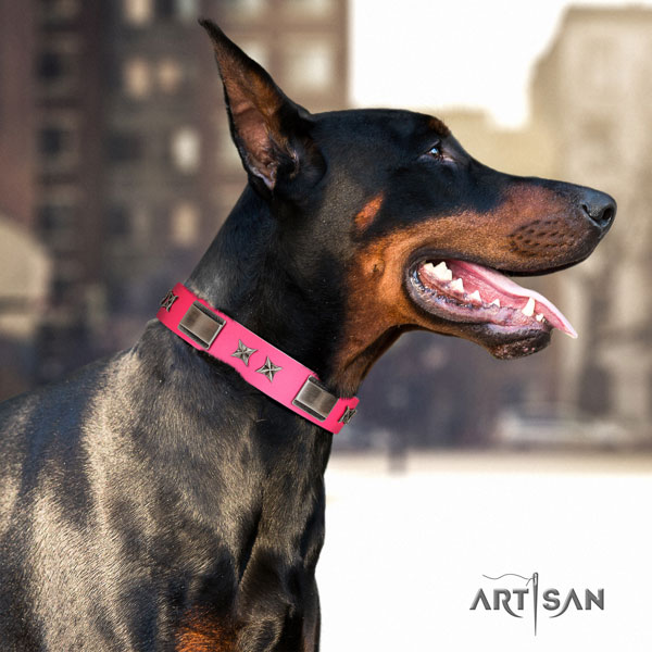 Doberman incredible full grain natural leather collar with studs for your dog
