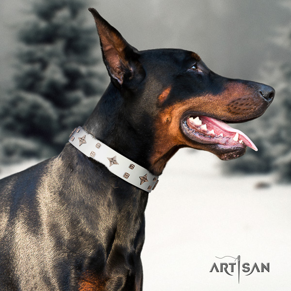 Doberman full grain natural leather dog collar with embellishments for comfortable wearing