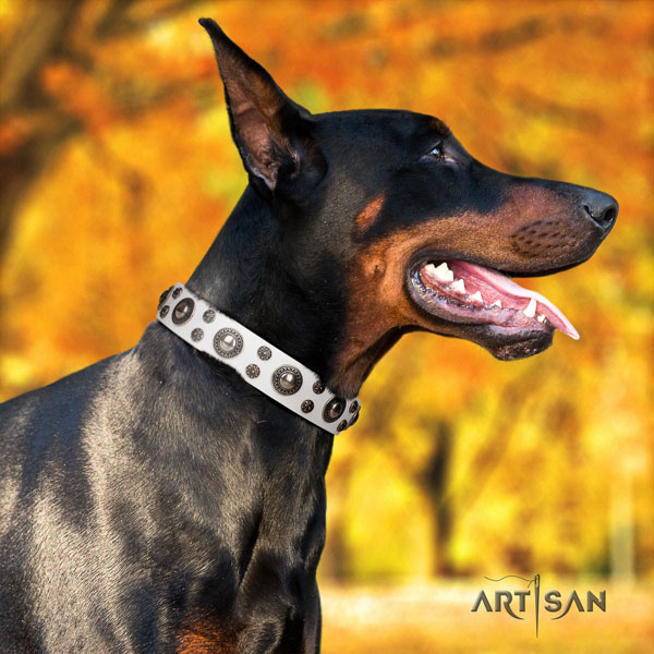 Doberman impressive natural genuine leather collar with embellishments for your doggie