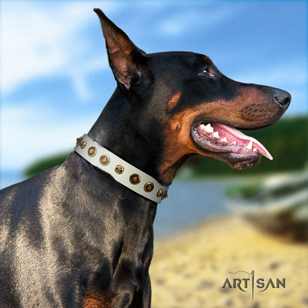 Doberman easy wearing genuine leather dog collar with adornments