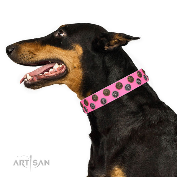 Doberman exquisite natural genuine leather dog collar for stylish walking