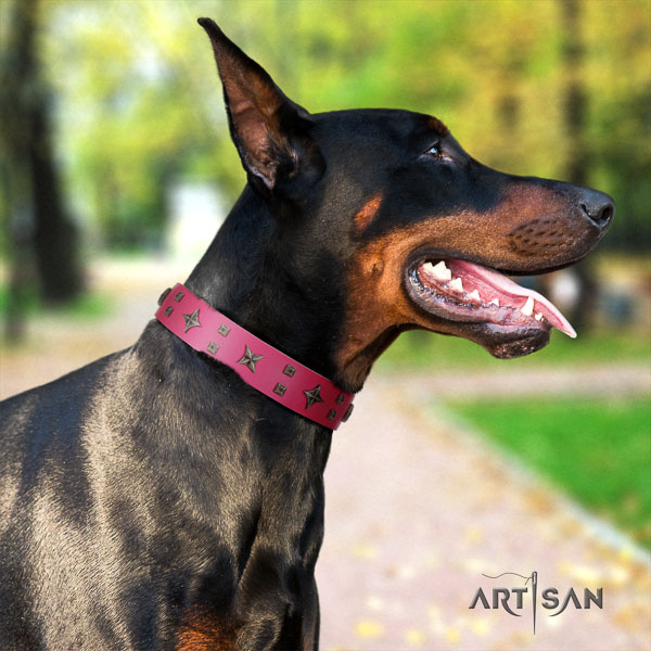 Doberman leather dog collar with adornments for your beautiful four-legged friend