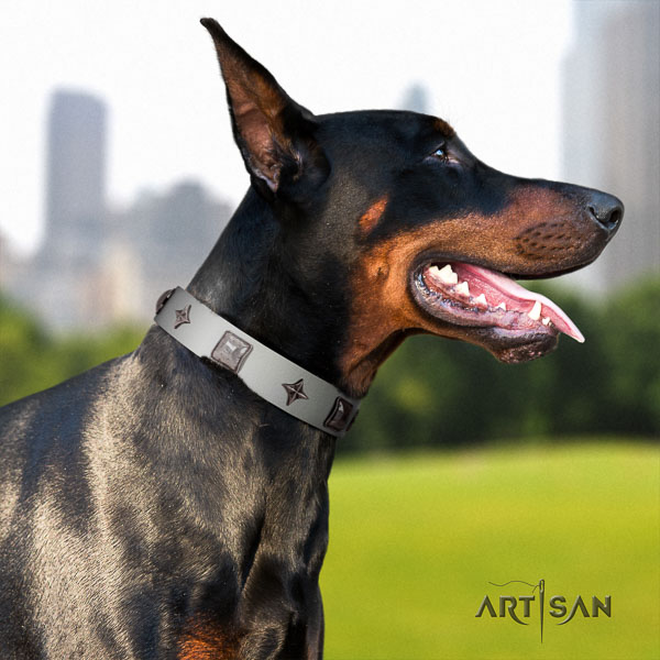 Doberman natural genuine leather dog collar with embellishments for your attractive four-legged friend