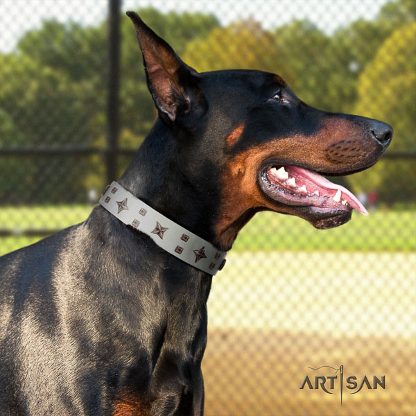 Doberman full grain natural leather dog collar with studs for your attractive pet