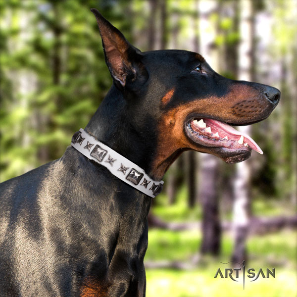 Doberman designer full grain leather collar with decorations for your four-legged friend