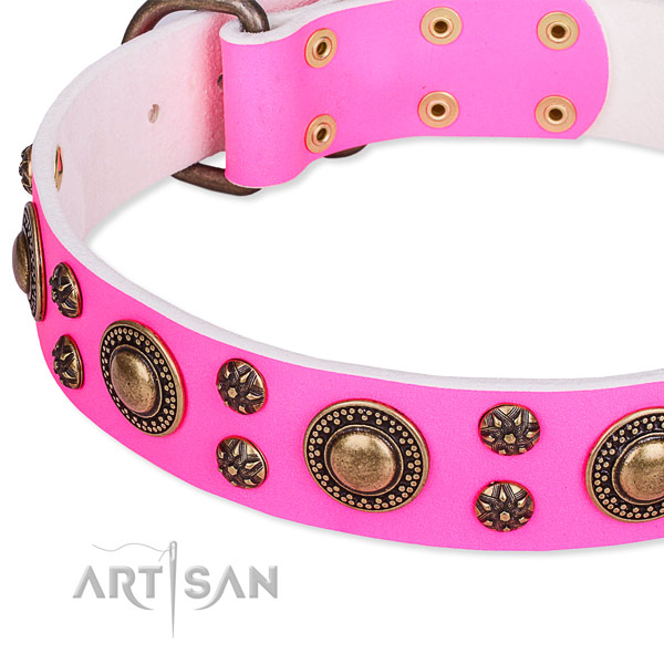 Natural genuine leather dog collar with amazing adornments