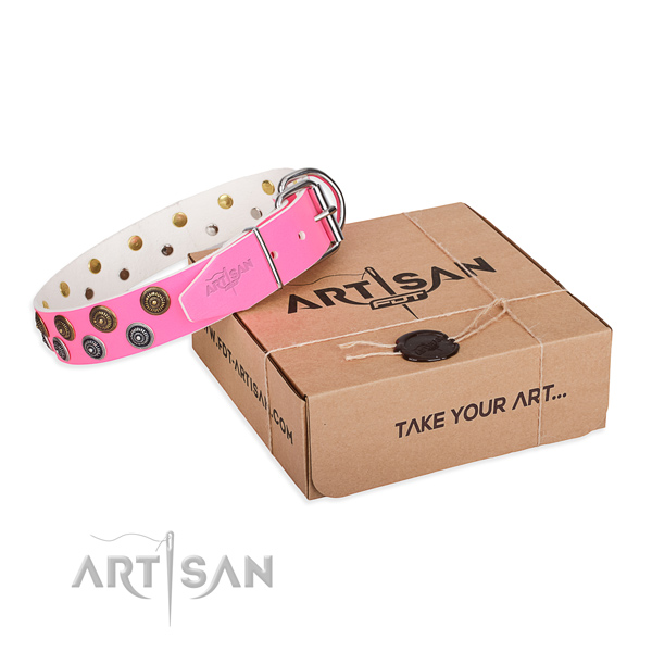 Decorated natural genuine leather dog collar for daily use