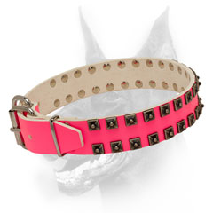 Leather dog collar pink with solid hardware