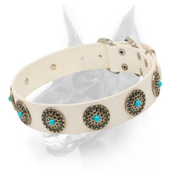 White leather dog collar with trendy adornment