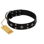 "Snappy Dresser" FDT Artisan Black Leather Doberman Collar Adorned with Stars and Tiny Squares