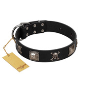 "Sea Rover" Embellished FDT Artisan Black Leather Doberman Collar with Chrome Plated Crossbones and Plates