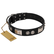 "Grand Wear" FDT Artisan Black Leather Doberman Collar with Shining Plates and Spiked Studs