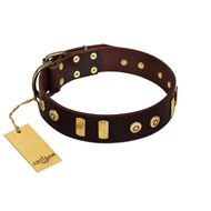 "Lord of Dogs" FDT Artisan Brown Leather Doberman Collar with Old Bronze-like Dotted Studs and Tiles