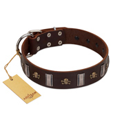 "War Chief" FDT Artisan Genuine Brown Leather Doberman Collar with Skulls and Plates