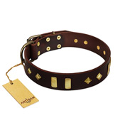 "Blinking Illusion" FDT Artisan Brown Leather Doberman Collar with Old Bronze-like Studs and Plates