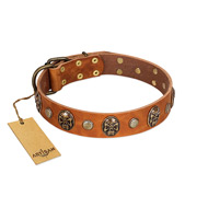 "Call of Feat" FDT Artisan Tan Leather Doberman Collar with Old Bronze-like Studs and Oval Brooches
