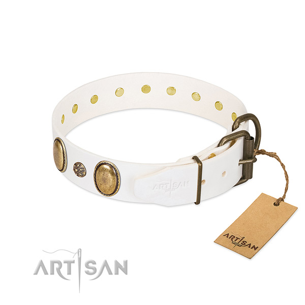 Walking gentle to touch genuine leather dog collar with decorations