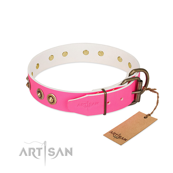 Full grain natural leather dog collar with rust-proof hardware and decorations