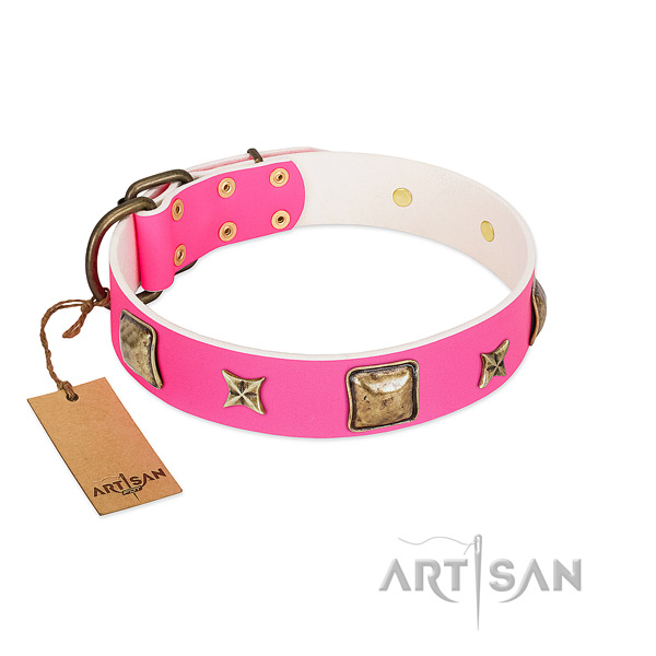 Full grain leather dog collar of top rate material with stylish design decorations