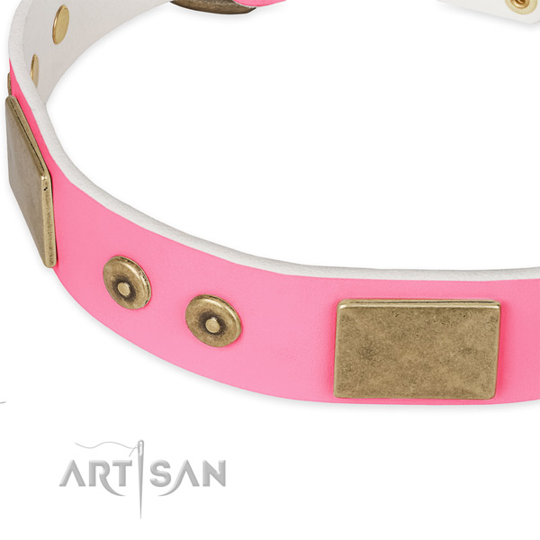 Full grain genuine leather dog collar with adornments for handy use
