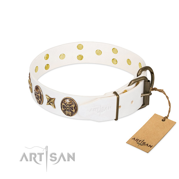 Corrosion resistant buckle on genuine leather collar for fancy walking your dog