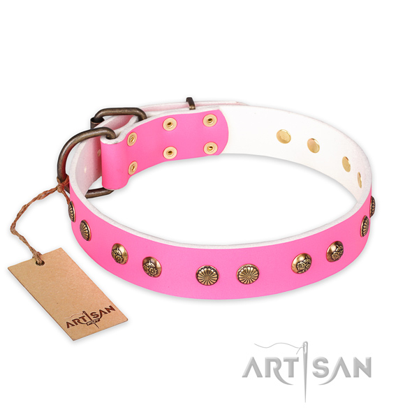 Embellished natural genuine leather dog collar with rust resistant fittings