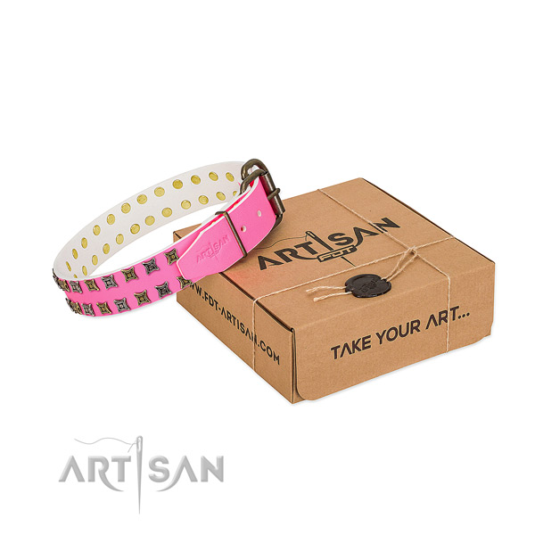 Full grain natural leather collar with stunning decorations for your doggie