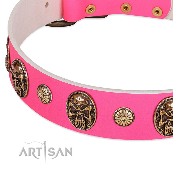 Rust resistant D-ring on natural genuine leather dog collar for your doggie