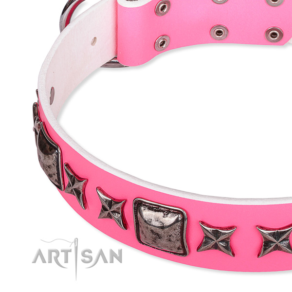 Easy wearing embellished dog collar of top notch full grain natural leather